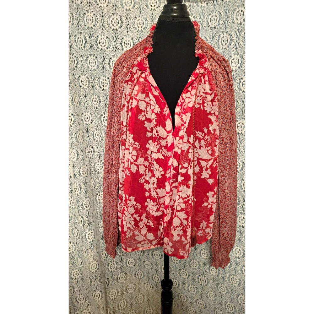 Free People Hendrix Printed Floral Blouse Red Mesh Boho Oversized Medium Euc